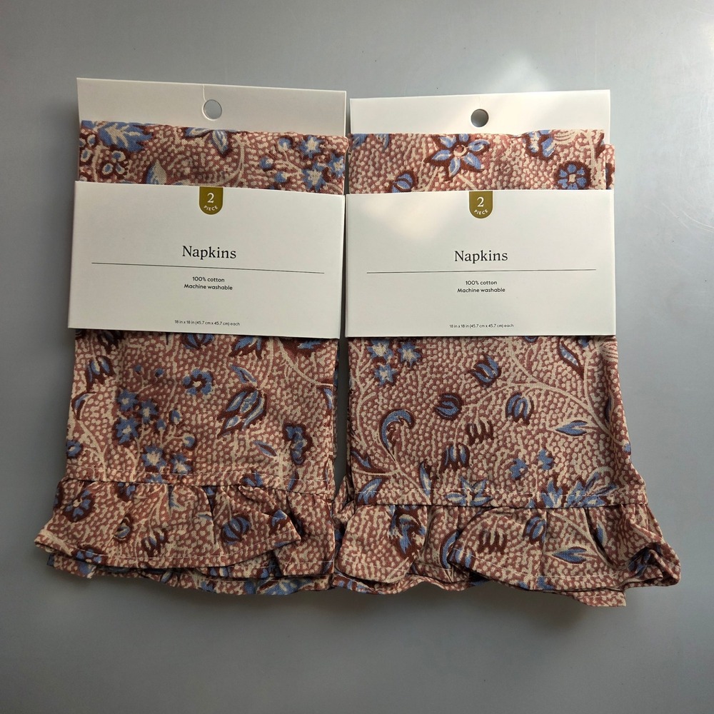 Threshold Cotton Floral Ruffle Napkins lot of 2 Terracotta Blue 18x18 New